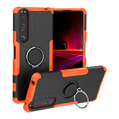 Silicone Matte Finish and Plastic Back Cover Case with Magnetic Finger Ring Stand JX1 for Sony Xperia 1 III Orange