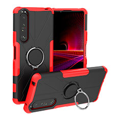 Silicone Matte Finish and Plastic Back Cover Case with Magnetic Finger Ring Stand JX1 for Sony Xperia 1 III Red