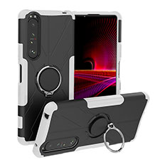 Silicone Matte Finish and Plastic Back Cover Case with Magnetic Finger Ring Stand JX1 for Sony Xperia 1 III Silver