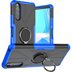 Silicone Matte Finish and Plastic Back Cover Case with Magnetic Finger Ring Stand JX1 for Sony Xperia 10 III Blue