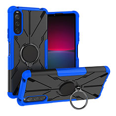 Silicone Matte Finish and Plastic Back Cover Case with Magnetic Finger Ring Stand JX1 for Sony Xperia 10 IV Blue