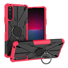 Silicone Matte Finish and Plastic Back Cover Case with Magnetic Finger Ring Stand JX1 for Sony Xperia 10 IV Hot Pink