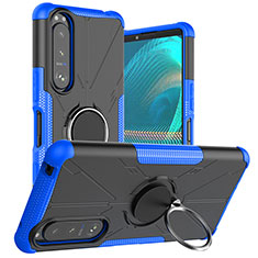 Silicone Matte Finish and Plastic Back Cover Case with Magnetic Finger Ring Stand JX1 for Sony Xperia 5 III Blue