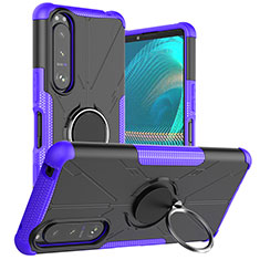 Silicone Matte Finish and Plastic Back Cover Case with Magnetic Finger Ring Stand JX1 for Sony Xperia 5 III SO-53B Purple