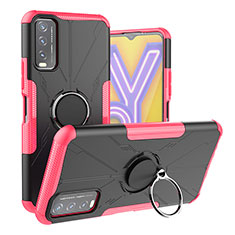 Silicone Matte Finish and Plastic Back Cover Case with Magnetic Finger Ring Stand JX1 for Vivo Y11s Hot Pink