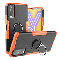 Silicone Matte Finish and Plastic Back Cover Case with Magnetic Finger Ring Stand JX1 for Vivo Y11s Orange