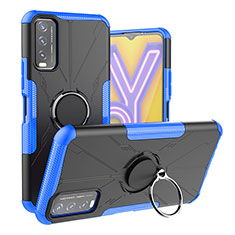Silicone Matte Finish and Plastic Back Cover Case with Magnetic Finger Ring Stand JX1 for Vivo Y20 Blue