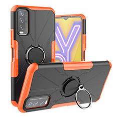 Silicone Matte Finish and Plastic Back Cover Case with Magnetic Finger Ring Stand JX1 for Vivo Y20 Orange