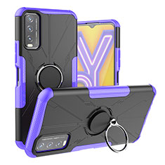 Silicone Matte Finish and Plastic Back Cover Case with Magnetic Finger Ring Stand JX1 for Vivo Y20 Purple