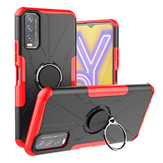Silicone Matte Finish and Plastic Back Cover Case with Magnetic Finger Ring Stand JX1 for Vivo Y20 Red