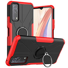 Silicone Matte Finish and Plastic Back Cover Case with Magnetic Finger Ring Stand JX1 for Vivo Y75s 5G Red
