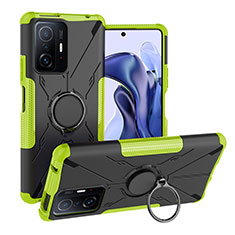 Silicone Matte Finish and Plastic Back Cover Case with Magnetic Finger Ring Stand JX1 for Xiaomi Mi 11T 5G Green