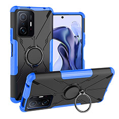 Silicone Matte Finish and Plastic Back Cover Case with Magnetic Finger Ring Stand JX1 for Xiaomi Mi 11T Pro 5G Blue