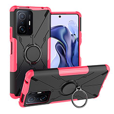 Silicone Matte Finish and Plastic Back Cover Case with Magnetic Finger Ring Stand JX1 for Xiaomi Mi 11T Pro 5G Hot Pink