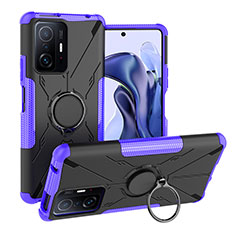 Silicone Matte Finish and Plastic Back Cover Case with Magnetic Finger Ring Stand JX1 for Xiaomi Mi 11T Pro 5G Purple