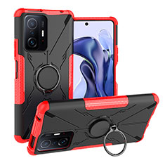 Silicone Matte Finish and Plastic Back Cover Case with Magnetic Finger Ring Stand JX1 for Xiaomi Mi 11T Pro 5G Red