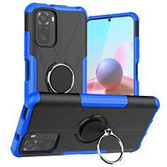 Silicone Matte Finish and Plastic Back Cover Case with Magnetic Finger Ring Stand JX1 for Xiaomi Poco M5S Blue