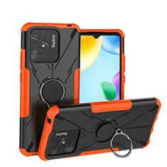 Silicone Matte Finish and Plastic Back Cover Case with Magnetic Finger Ring Stand JX1 for Xiaomi Redmi 10C 4G Orange