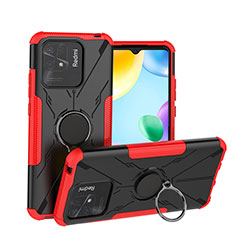 Silicone Matte Finish and Plastic Back Cover Case with Magnetic Finger Ring Stand JX1 for Xiaomi Redmi 10C 4G Red