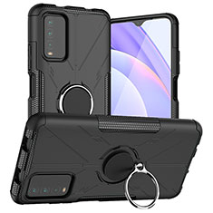 Silicone Matte Finish and Plastic Back Cover Case with Magnetic Finger Ring Stand JX1 for Xiaomi Redmi 9T 4G Black