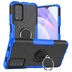 Silicone Matte Finish and Plastic Back Cover Case with Magnetic Finger Ring Stand JX1 for Xiaomi Redmi 9T 4G Blue