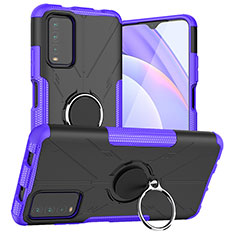 Silicone Matte Finish and Plastic Back Cover Case with Magnetic Finger Ring Stand JX1 for Xiaomi Redmi 9T 4G Purple