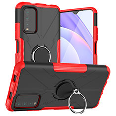 Silicone Matte Finish and Plastic Back Cover Case with Magnetic Finger Ring Stand JX1 for Xiaomi Redmi 9T 4G Red
