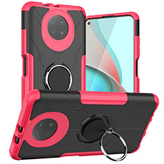 Silicone Matte Finish and Plastic Back Cover Case with Magnetic Finger Ring Stand JX1 for Xiaomi Redmi Note 9 5G Hot Pink