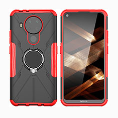 Silicone Matte Finish and Plastic Back Cover Case with Magnetic Finger Ring Stand JX2 for Nokia 5.4 Red