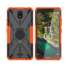 Silicone Matte Finish and Plastic Back Cover Case with Magnetic Finger Ring Stand JX2 for Nokia C100 Orange