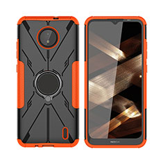 Silicone Matte Finish and Plastic Back Cover Case with Magnetic Finger Ring Stand JX2 for Nokia C20 Orange