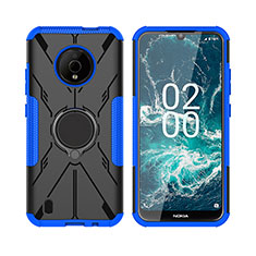 Silicone Matte Finish and Plastic Back Cover Case with Magnetic Finger Ring Stand JX2 for Nokia C200 Blue