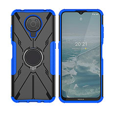 Silicone Matte Finish and Plastic Back Cover Case with Magnetic Finger Ring Stand JX2 for Nokia G10 Blue