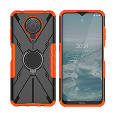 Silicone Matte Finish and Plastic Back Cover Case with Magnetic Finger Ring Stand JX2 for Nokia G20 Orange