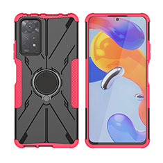 Silicone Matte Finish and Plastic Back Cover Case with Magnetic Finger Ring Stand JX2 for Xiaomi Redmi Note 11 Pro 4G Red