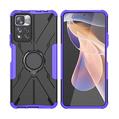 Silicone Matte Finish and Plastic Back Cover Case with Magnetic Finger Ring Stand JX2 for Xiaomi Redmi Note 11 Pro+ Plus 5G Purple