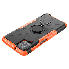 Silicone Matte Finish and Plastic Back Cover Case with Magnetic Finger Ring Stand JX3 for Samsung Galaxy F12 Orange