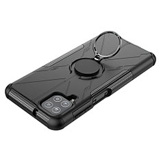 Silicone Matte Finish and Plastic Back Cover Case with Magnetic Finger Ring Stand JX3 for Samsung Galaxy M12 Black