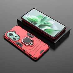 Silicone Matte Finish and Plastic Back Cover Case with Magnetic Finger Ring Stand KC1 for Oppo Reno11 5G Red