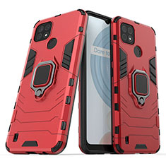 Silicone Matte Finish and Plastic Back Cover Case with Magnetic Finger Ring Stand KC1 for Realme C21 Red