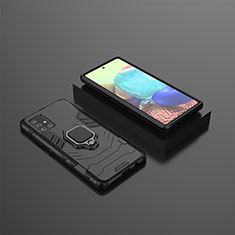 Silicone Matte Finish and Plastic Back Cover Case with Magnetic Finger Ring Stand KC1 for Samsung Galaxy A71 4G A715 Black