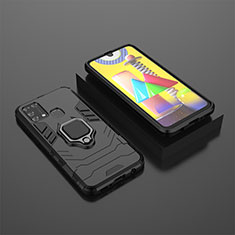 Silicone Matte Finish and Plastic Back Cover Case with Magnetic Finger Ring Stand KC1 for Samsung Galaxy M21s Black