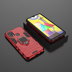 Silicone Matte Finish and Plastic Back Cover Case with Magnetic Finger Ring Stand KC1 for Samsung Galaxy M31 Red