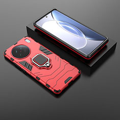Silicone Matte Finish and Plastic Back Cover Case with Magnetic Finger Ring Stand KC1 for Vivo X90 5G Red