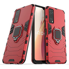 Silicone Matte Finish and Plastic Back Cover Case with Magnetic Finger Ring Stand KC1 for Vivo Y75s 5G Red