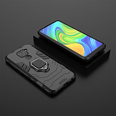 Silicone Matte Finish and Plastic Back Cover Case with Magnetic Finger Ring Stand KC1 for Xiaomi Redmi 10X 4G Black