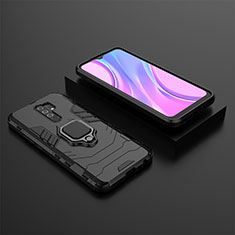 Silicone Matte Finish and Plastic Back Cover Case with Magnetic Finger Ring Stand KC1 for Xiaomi Redmi 9 Black