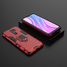 Silicone Matte Finish and Plastic Back Cover Case with Magnetic Finger Ring Stand KC1 for Xiaomi Redmi 9 Prime India Red