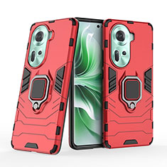 Silicone Matte Finish and Plastic Back Cover Case with Magnetic Finger Ring Stand KC2 for Oppo Reno11 5G Red