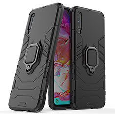 Silicone Matte Finish and Plastic Back Cover Case with Magnetic Finger Ring Stand KC2 for Samsung Galaxy A70S Black
